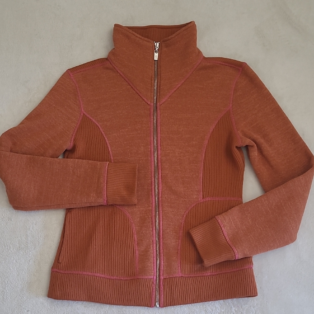 PrAna Breathe Rust Orange Zip Up Sweater XL Ribbed Trim Mock Neck Yoga Outdoor - Picture 1 of 15